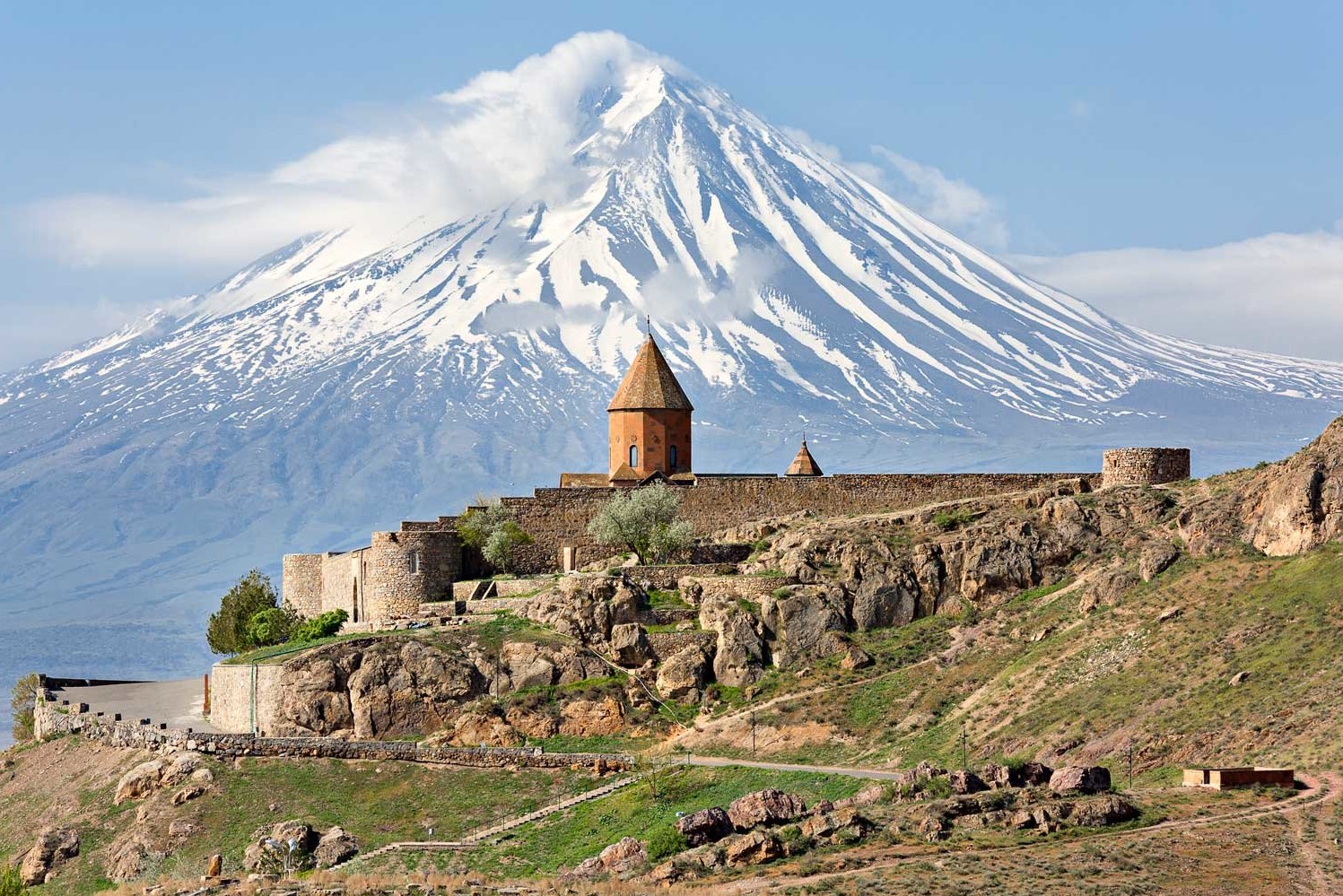 Khor Virap, Armenian orthodox religious complex with Mount Ararat in the background, in Artashat, Armenia.
