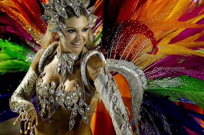 A dancer from the Mocidade samba school performs at the Sambadrome in Rio de Janeiro. (Felipe Dana/Associated Press)