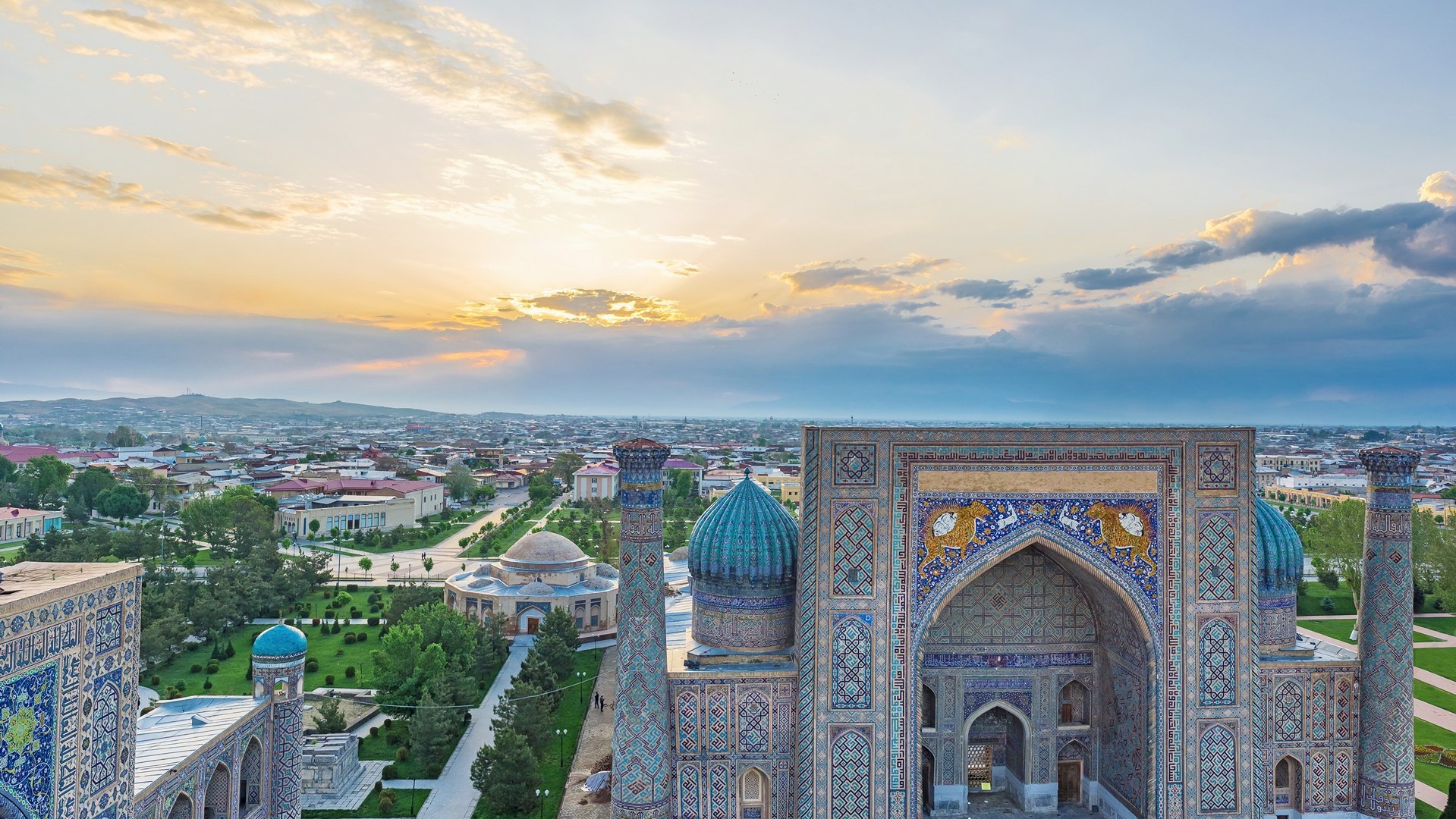 One of the minarets on Registan square can be the best place to watch the sunrise, Samarkand, Uzbekistan.